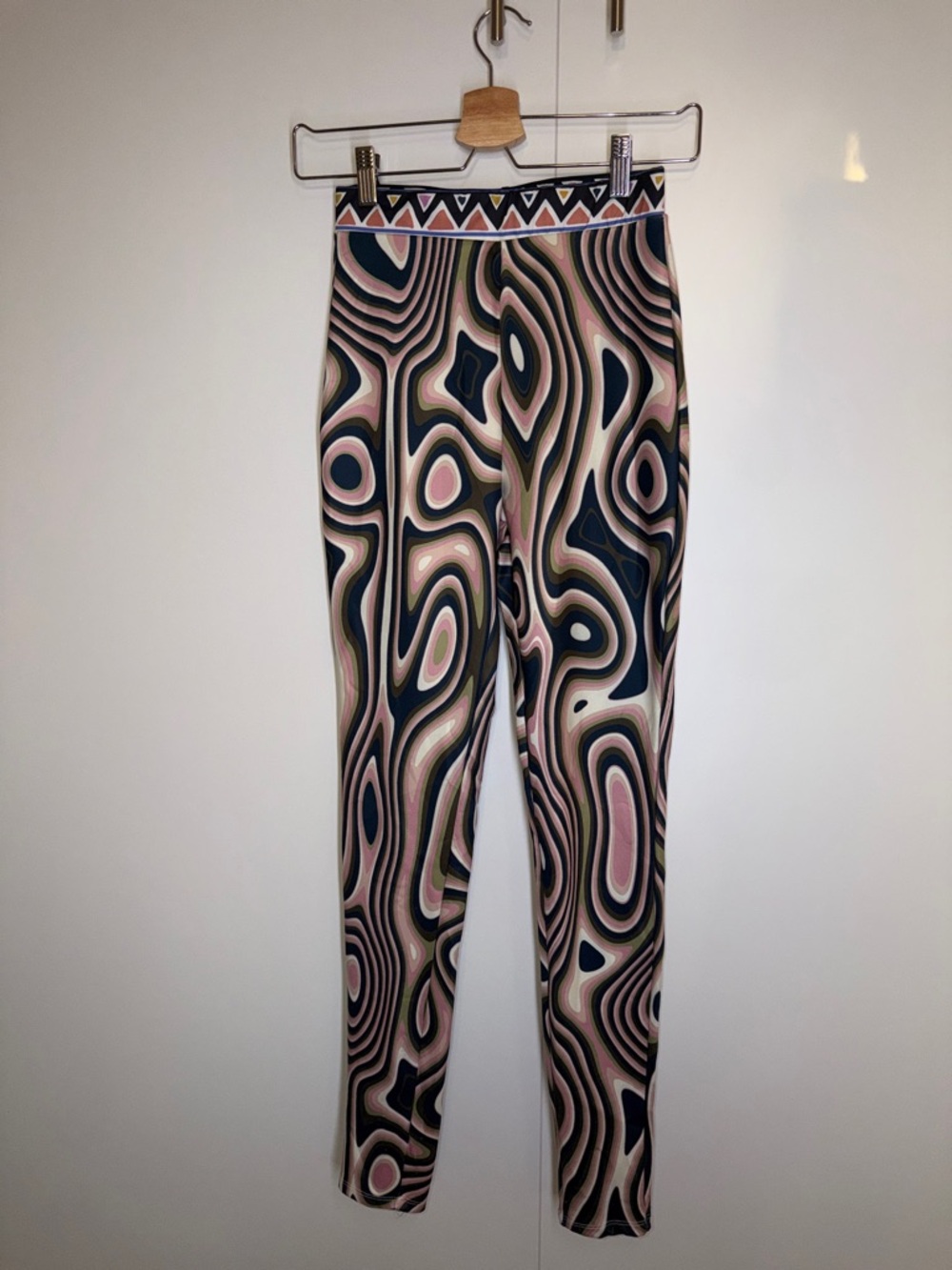 Psychedelic Swirl High-Waist Leggings in Pink, Brown, Green, and Navy
